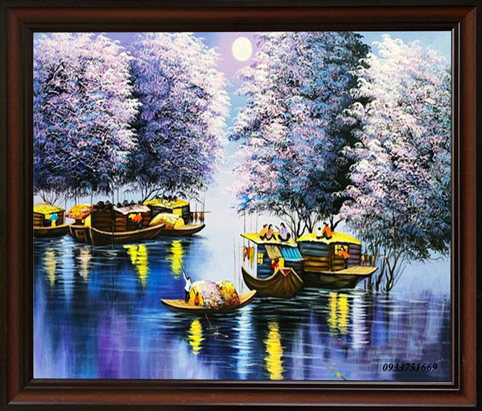 Tranh phong cảnh làng nước đêm VH002 - Việt Hùng Gallery - Chuyên vẽ Tranh  SƠN DẦU CAO CẤP HIỆN ĐẠI