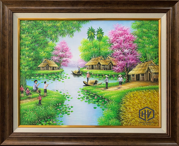 Tranh phong cảnh đồng quê bờ sông VH022 - Việt Hùng Gallery - Chuyên vẽ  Tranh SƠN DẦU CAO CẤP HIỆN ĐẠI