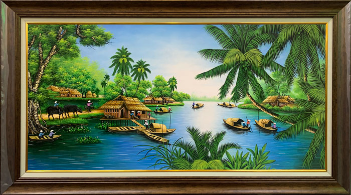 Tranh phong cảnh sông nước miên quê VH048 - Việt Hùng Gallery - Chuyên vẽ  Tranh SƠN DẦU CAO CẤP HIỆN ĐẠI