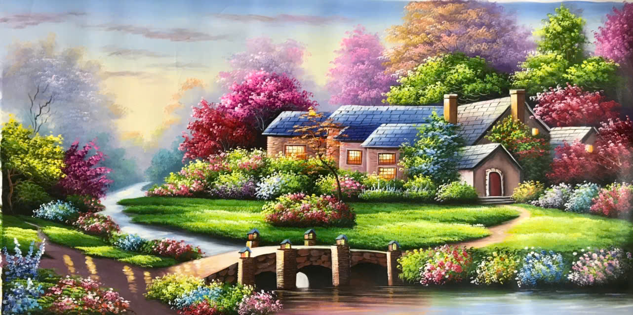 Căn nhà nhỏ tròng rừng được vẽ thành tranh treo tường